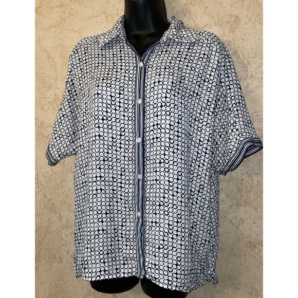 Max Studio Navy and White Patterned Button-Up Shirt - Picture 1 of 5